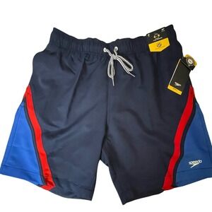 Speedo Mens Navy Blue Red Swim Trunks Medium 2-Way Stretch UPF 50+